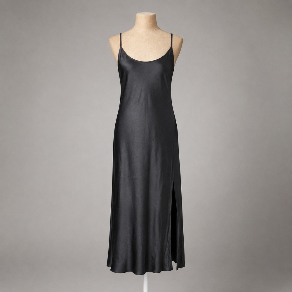 Cuyana 100% Silk Satin Maxi Slip Dress Size M Black Slit Luxury 90s Minimalist
